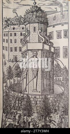 Donat Hübschmann Handsful and Khurtze Description of the old and young train ...: Weinbrunnen am Lugeck in Vienna, on the occasion of the Enterprise of Emperor Maximillian II in Vienna. Woodcut 1563 , 1563 Stock Photo