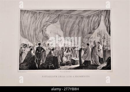 Giovan Francesco Locatelli (Lithograph in) Laying the foundation for the dam at Malamocco by Emperor Ferdinand I of Austria. Lithography on paper 1839 , 1839 Stock Photo