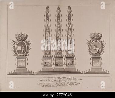 Johann Daniel Preisler (Zeichner in) View of the fireworks pyramid and coat of arms for Emperor Charles VI. and Empress Elisabeth Christine. Copper engraving on paper 1712 , 1712 Stock Photo