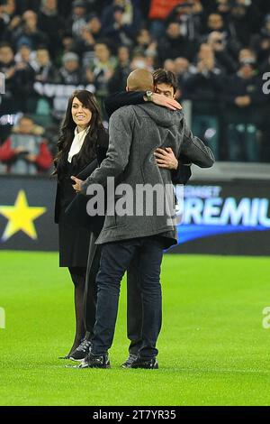 David Trezeguet former player of FC Juventus hugs president Andrea Agnelli prior the italian championship 2013/2014 Serie A football match between FC Juventus and AS Roma at Juventus Stadium on January 05, 2014 in Turin, Italy. Photo Massimo Cebrelli/DPPI Stock Photo