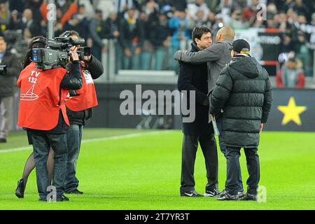 David Trezeguet former player of FC Juventus hugs president Andrea Agnelli prior the italian championship 2013/2014 Serie A football match between FC Juventus and AS Roma at Juventus Stadium on January 05, 2014 in Turin, Italy. Photo Massimo Cebrelli/DPPI Stock Photo