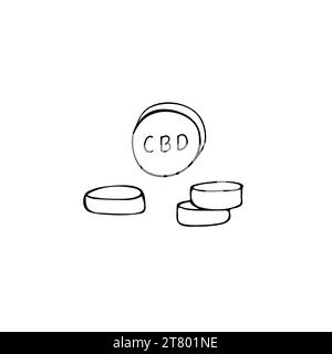 Cannabidiol pills. Tablets. CBD for healthcare. Hand-drawn vector illustration isolated on a white background. Cannabis medical product. Stock Vector