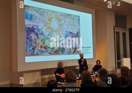 Postupim, Germany. 16th Nov, 2023. Director of the Barberini Museum Ortrud Westheider (with microphone) at the presentation of the exhibition Munch. Lebenslandschaft (Munch. Landscape of Life) at the Barberini Museum, Potsdam, Berlin, on November 16, 2023. A new exhibition presents the Norwegian expressionist Edvard Munch unconventionally as a landscape painter. Credit: Zapotocky Ales/CTK Photo/Alamy Live News Stock Photo