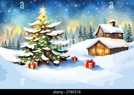 winter countryside view, Christmas fir trees with gifts, fairy tale village, snowy forest, rural landscape panorama, vintage greeting card, watercolor vector illustration Stock Vector