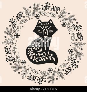 Vector hand drawn illustration of animals in Nordic style hygge. Fox in floral wreath in Folk Scandinavian style Stock Vector