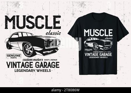 Vintage Muscle Classic Car Vector T-shirt Design. Custom muscle cars vehicle black & white background t-shirt. Stock Vector