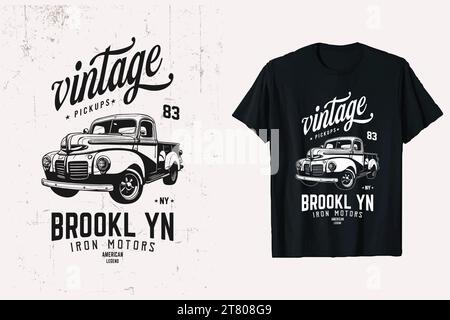 Vintage pickup truck t-shirt design. American Chevy truck vector t-shirt graphic. Chevrolet old truck t-shirt template. black and white background. Stock Vector