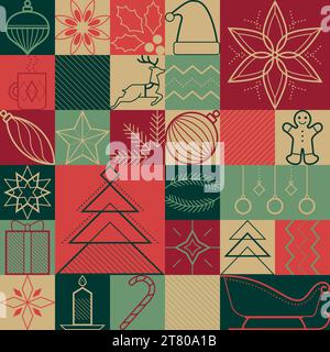 Christmas and winter holidays seamless pattern with simple graphic line icons Stock Vector