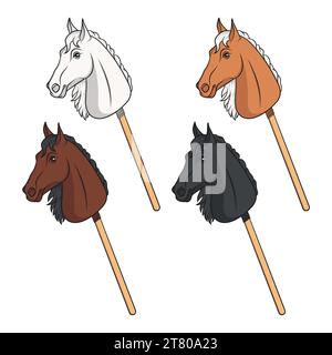 Set of color illustrations with hobby horse toy on stick. Isolated vector objects on white background. Stock Vector