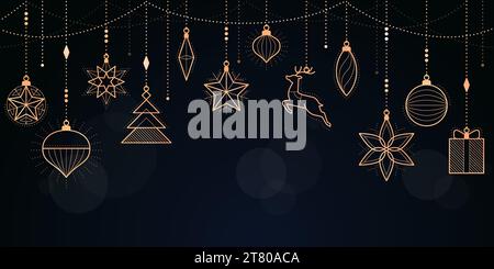 Christmas and Happy New Year banner with hanging luxury golden decorations, copy space Stock Vector