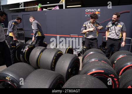 Pirelli’s engineers scrape down the tyres, marking each one by driver number and location of the tyre (front, rear, left or right) and collect data about the wear of the tyre that they then share with that team and the FIA, Mexican City Grand Prix, Mexico, 27 October 2023.  Each team is allocated one Pirelli engineer who can make suggestions based on the wear of the tyres.  Pirelli had one female track engineer at the Mexico City race, Mrs Monica Cuadrado, allocated to the Alpha Tauri team.    After the race in Qatar, the team noticed significant wear on one of the wheels, caused by pyramid cu Stock Photo