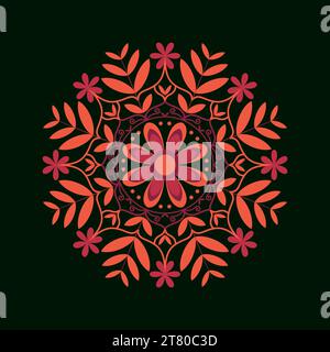 Ornament card with mandala in violet and red colors. Floral circular mandala design on a black background. Stock Vector
