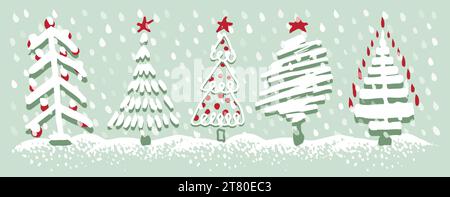 Vintage holiday card with Christmas trees and snow. Sketch hand drawn xmas pattern. Doodle childlike silhouette art. Winter New year festive firs on Stock Vector