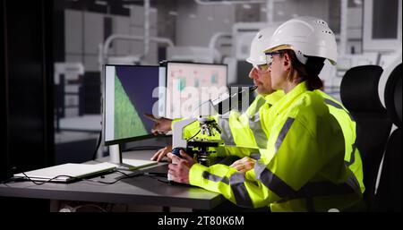 Worker in Electronic Device Factory Analyzing Data Chip at Lab Stock Photo