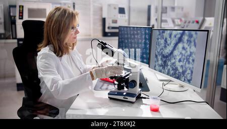 Scientist Conducting Medical Research in Blood Lab Using Computer Stock Photo