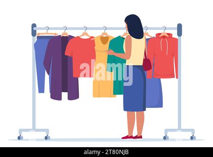 Clothes hang on a hanger. Fashion boutique, assortment showroom. Woman stands in front of clothes rack and chooses clothes. Dress, tunic, blouse on ha Stock Vector