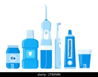 Dental cleaning tools. Oral care and hygiene products. Toothbrush, toothpaste, mouthwash, dental irrigator. Brushing teeth. Vector illustration Stock Vector