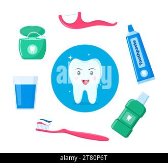 Healthy happy tooth character surrounded by dental cleaning tools, oral hygiene products. Dental health concept. Vector illustration Stock Vector