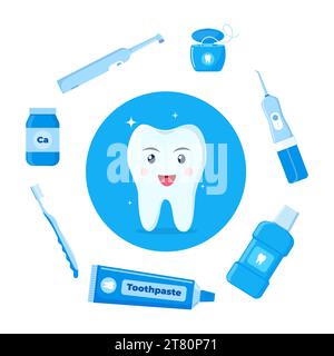 Healthy happy tooth character surrounded by dental cleaning tools, oral hygiene products. Dental health concept. Vector illustration Stock Vector