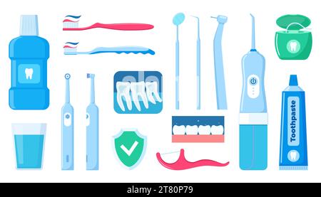 Dental cleaning tools. Oral care and hygiene products. Toothbrush, toothpaste, mouthwash, floss toothpick, dental floss, dental irrigator. Brushing te Stock Vector