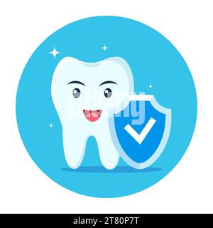 Happy tooth character and shield. Shiny white tooth being protected by shield icon. Dental health concept. Vector illustration Stock Vector