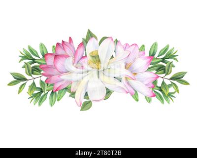 Floral composition with beautiful blooming lotuses and green branches. Water lilies, tea bush leaves. Abstract foliage, sacred lotus flower. Stock Photo