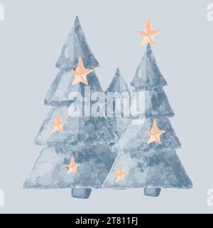 Vector isolated illustration of Christmas trees with stars. Greeting Christmas card. Stock Vector