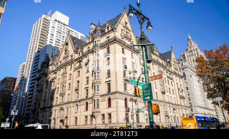 NEW YORK, NY, USA - NOVEMBER 16, 2023: Dakota house street view from West 72 S. near Central Park entrance Stock Photo