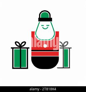 Santa with gifts green and black line drawing Christmas icon. Stock Photo