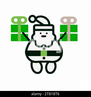 Santa with gifts green and black line drawing Christmas icon. Stock Photo