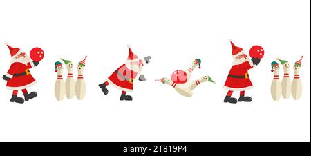 Santa Claus play bowling seamless border pattern. Comic Santa, bowling ball strike, funny pin, Elf hat cartoon design element illustration. Christmas Stock Vector