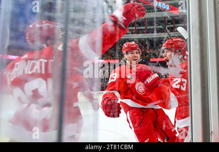 Detroits Lucas Raymond (R) celebrates scoring with Moritz Seider (#53) during the NHL Global Series Sweden ice hockey match between Toronto Maple Leafs and Detroit Red Wings and at Avicii Arena in Stockholm, Sweden, on Nov. 17, 2023.Foto: Henrik Montgomery / TT / kod 10060 Stock Photo