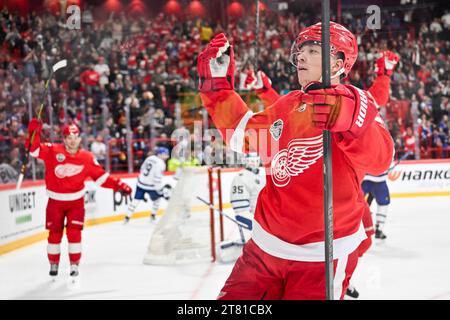 Detroits Lucas Raymond celebrates scoringduring the NHL Global Series Sweden ice hockey match between Toronto Maple Leafs and Detroit Red Wings and at Avicii Arena in Stockholm, Sweden, on Nov. 17, 2023. Foto: Henrik Montgomery / TT / kod 10060 Stock Photo