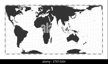 Vector world map. Gringorten square equal-area projection. Plain world geographical map with latitude and longitude lines. Centered to 60deg W longitu Stock Vector