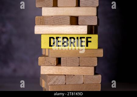Debrief symbol. Concept word Debrief on wooden blocks. Beautiful grey green background. Business and Debrief concept. Copy space. Stock Photo