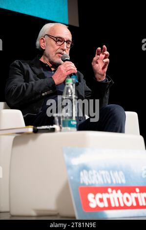 Cuneo, Italy.  November 17, 2023. The satirical designer and cartoonist Altan, inventor of the Pimpa cartoon, during the presentation of the book written together with the journalist Michele Serra at the Scrittorincittà Literary Festival. Credit: Luca Prestia / Alamy Live News Stock Photo