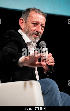 Cuneo, Italy. November 17, 2023. The Italian journalist and writer Michele Serra, author of numerous books and columnist for some Italian newspapers, at the presentation of the book written together with the illustrator Altan during the Scrittorincittà Literary Festival. Credit: Luca Prestia / Alamy Live News Stock Photo