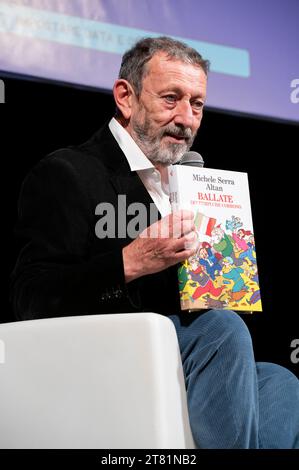 Cuneo, Italy. November 17, 2023. The Italian journalist and writer Michele Serra, author of numerous books and columnist for some Italian newspapers, at the presentation of the book written together with the illustrator Altan during the Scrittorincittà Literary Festival. Credit: Luca Prestia / Alamy Live News Stock Photo