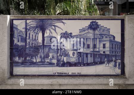 mosaic of blue Panderola tiles, 19th century, on the garden wall of the Plaza de la Pau in the city of Castellon, Valencian community, Spain, Europe.​ Stock Photo