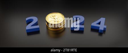 Year 2024 in three dimensions with dollar coins. New year concept. 3d illustration. Stock Photo