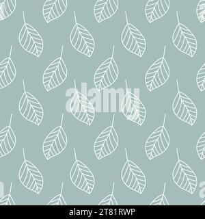 Leaf seamless pattern. Repeating leaves green background. Repeated nature patern for design prints. Line simple plant. Spring repeat texture. Hand Stock Vector