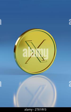 Buenos Aires, Argentina - November 7th 2023: Twitter (new logo) gold coin isolated on blue background. 3d illustration. Stock Photo