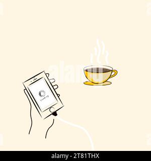 cell phone charging process and a cup of hot coffee Stock Photo