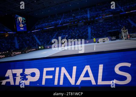 Turin, Italy. 18 November 2023. Andrey Rublev of Russia serves during the round robin singles match against Alexander Zverev of Germany during day six of the Nitto ATP Finals. Credit: Nicolò Campo/Alamy Live News Stock Photo