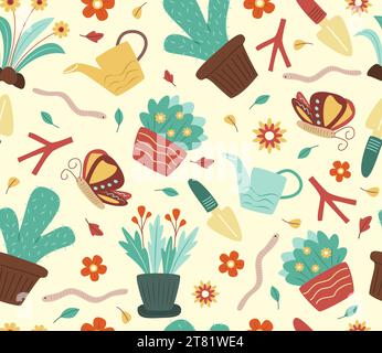 Seamless Pattern with Cactus, Flowers and Gardening Tools for Gardening Background Concept Illustration Stock Vector