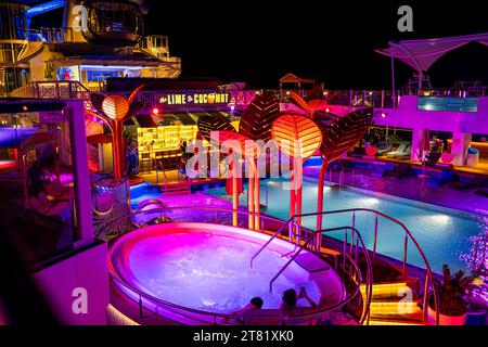 Pool deck of Royal Caribbean's Odyssey of the Seas at night. Stock Photo