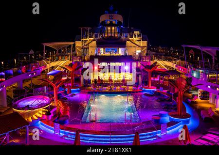 Pool deck of Royal Caribbean's Odyssey of the Seas at night. Stock Photo