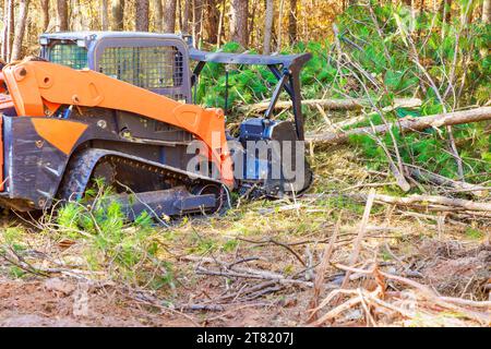 During forest clearing contractor used tracked general purpose forestry mulcher Stock Photo