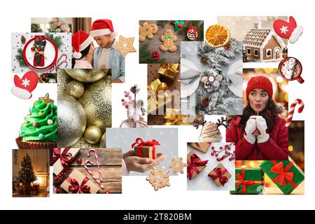 Photos of Christmas holidays combined into collage on white background Stock Photo