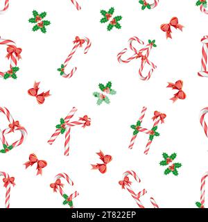 Seamless pattern with candy canes letters and holly berry. Vector illustration Stock Vector